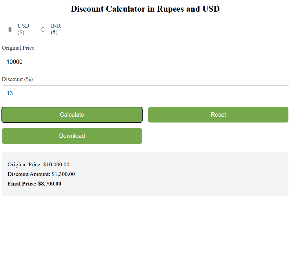 Discount Calculator in Rupees and USD