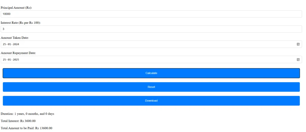 Interest Calculator in Rupees