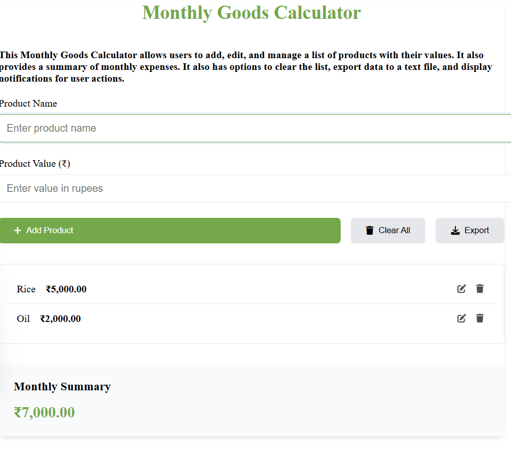 Monthly Goods Calculator
